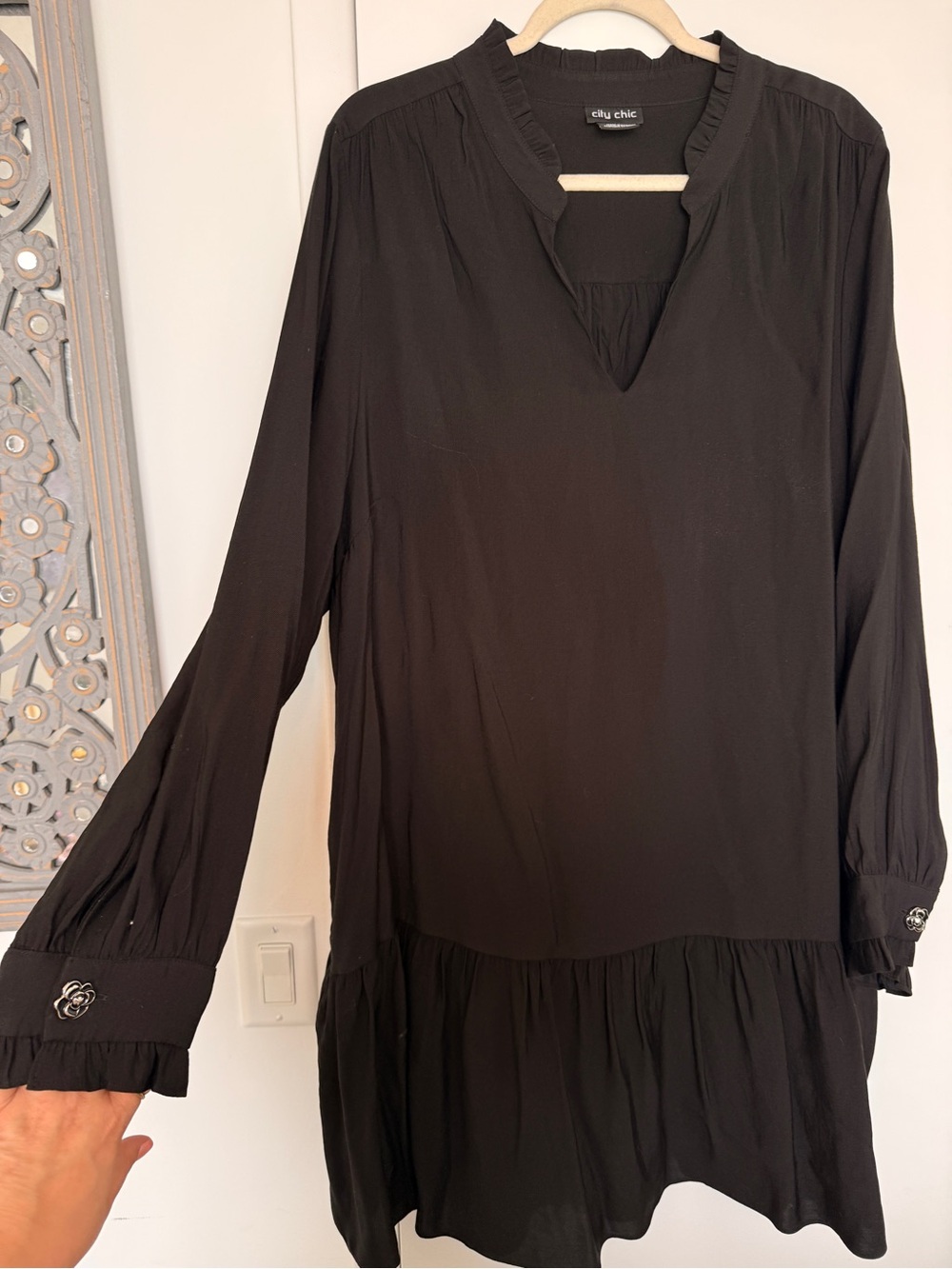 City Chic Black Long Sleeve Ruffle-Trim Tunic Dress